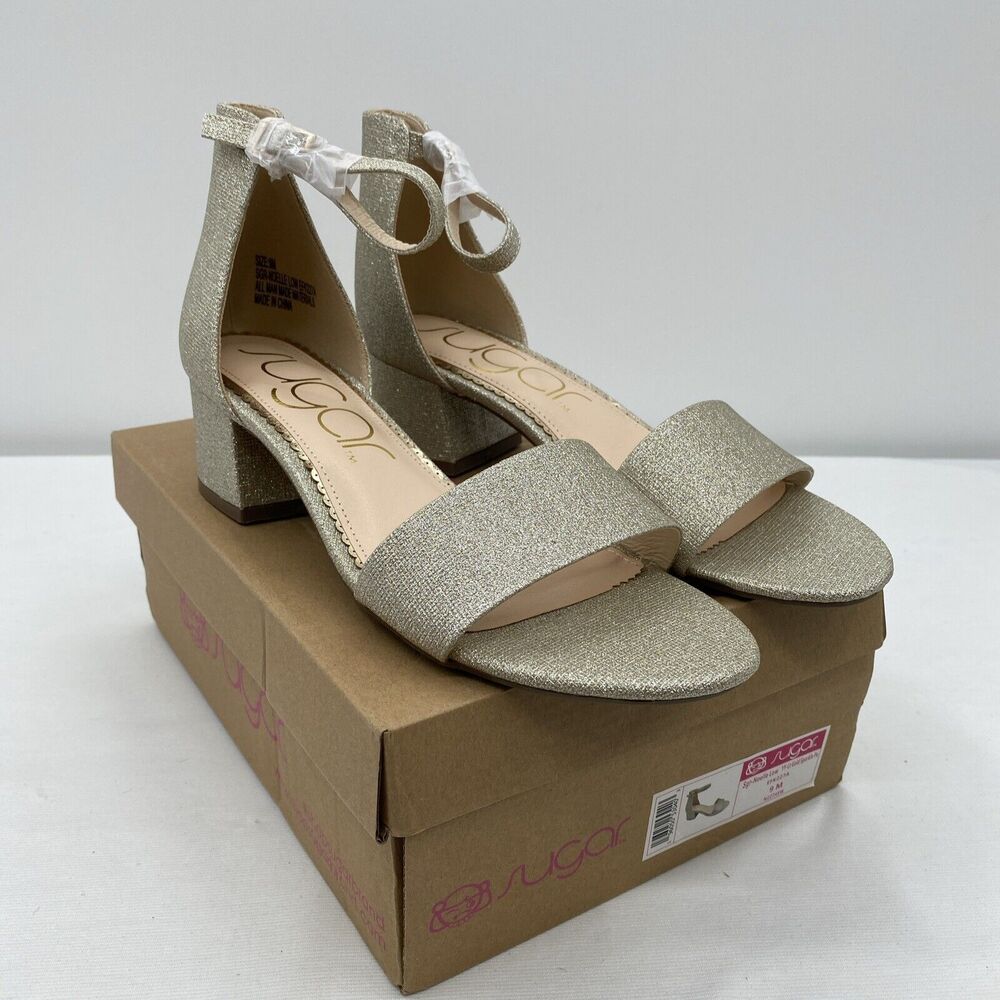 Sugar Women Ankle Strap Sandals Noelle Low Size US 9M Gold Sparkle Glitter